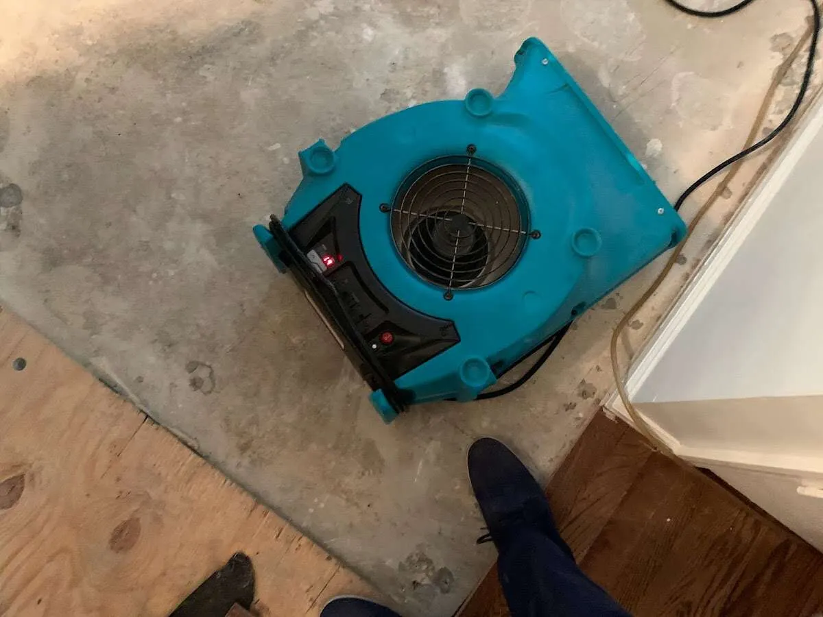 Air mover drying subfloor during Commercial Water Damage Restoration in Cohoes